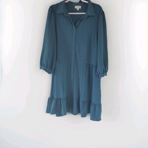 TAHARI Women’s 3/4 Sleeve Button-Up Peplum Hem Dress Size 14 Dark Teal Green